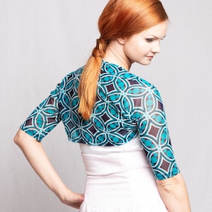 Turquoise bohemian geometrical bolero, something blue artsy mesh eveningwear wedding shawl