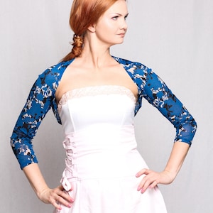 Blue bolero, mesh bridesmaids shoulder cover, Blue abstract splash pattern shrug, eveningwear bolero