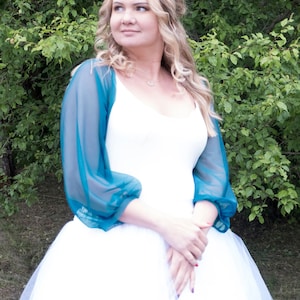 Teal bridal bolero, Puff sleeve tulle mesh bolero, Sheer wedding shrug, Teal bridesmaids mesh shoulder coverup, other colours too
