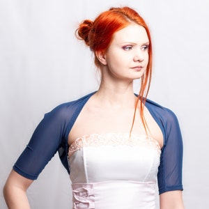 Deep blue bridesmaids bolero, mesh fabric wedding stretch shrug, bridal stretch coverup image 1