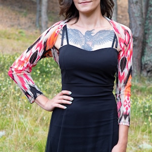 Orange Pink black boho Abstract summer bolero, Festival eveningwear mesh shrug, Bridesmaids lace cover up