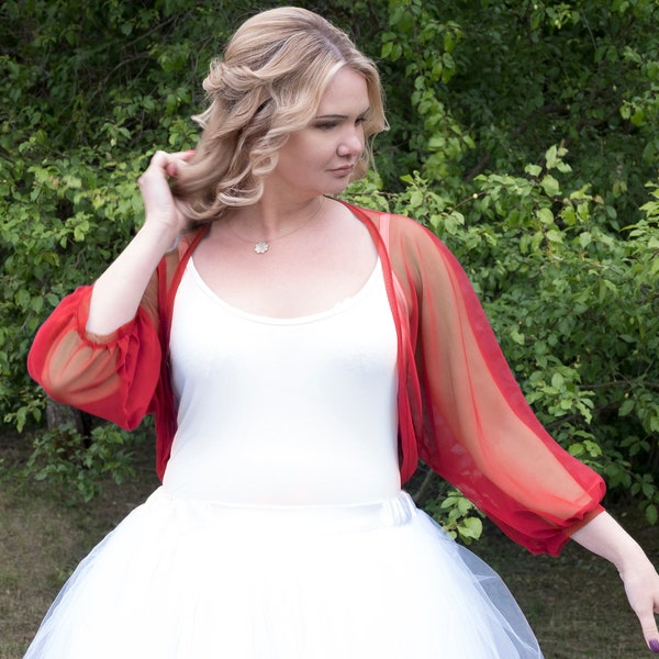 Red bridal bolero, Puff sleeve tulle mesh bolero, Sheer wedding shrug, Red bridesmaids mesh shoulder coverup, other colours too