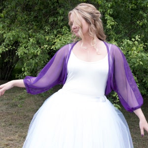 Violet bridal bolero, Puff sleeve tulle mesh bolero, Sheer wedding shrug, Violet bridesmaids mesh shoulder coverup, other colours too