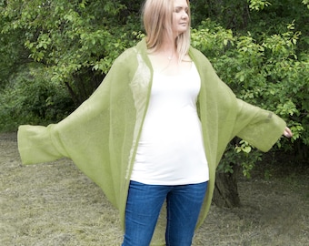 Natural linen cardigan, chunky loose knit Bright green hooded cocoon wrap, chunky linen summer coverup, kimono sleeve cocoon shrug