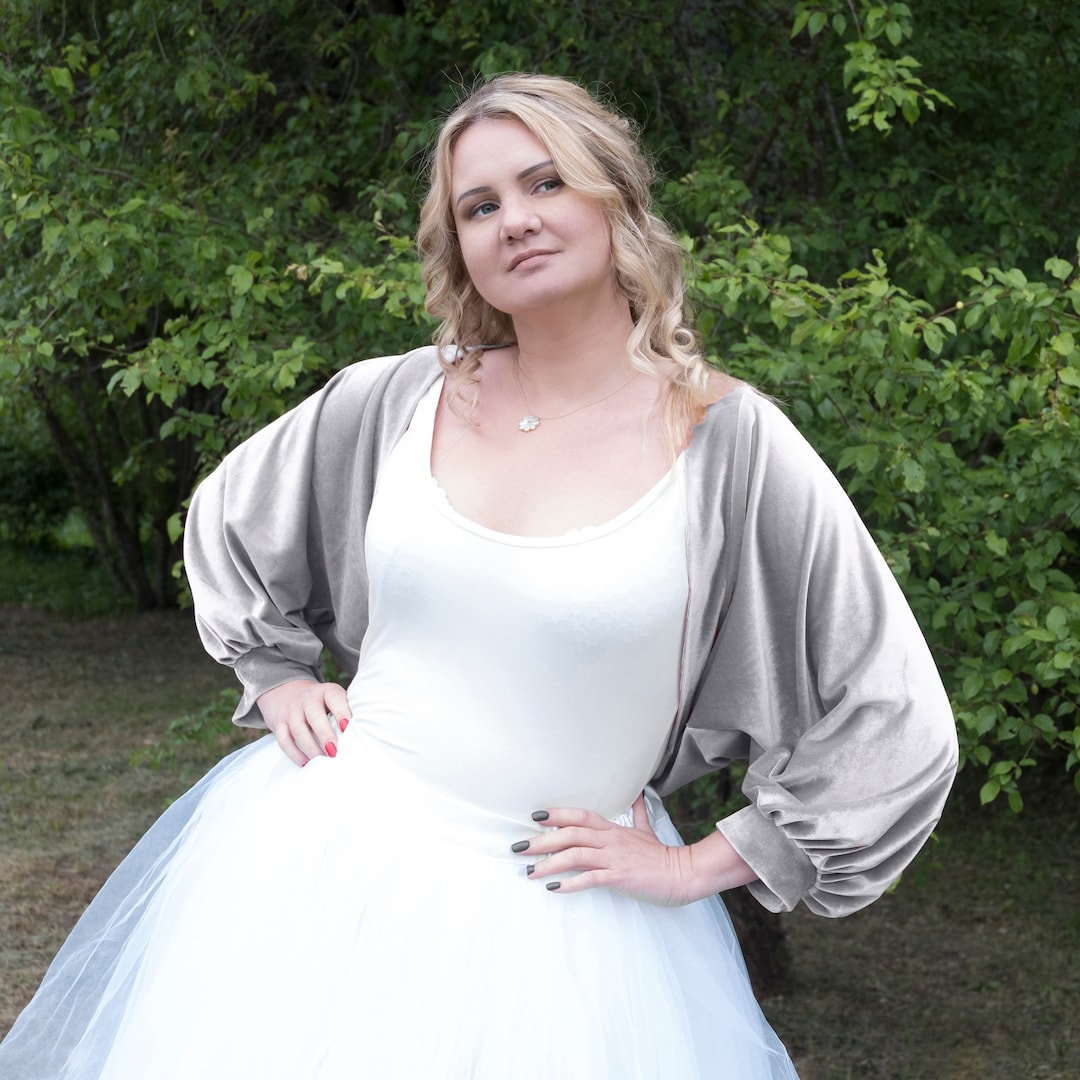 Gray Velvet Bolero, Oversized Puff Sleeve Sleeve Shrug Jacket, Loose