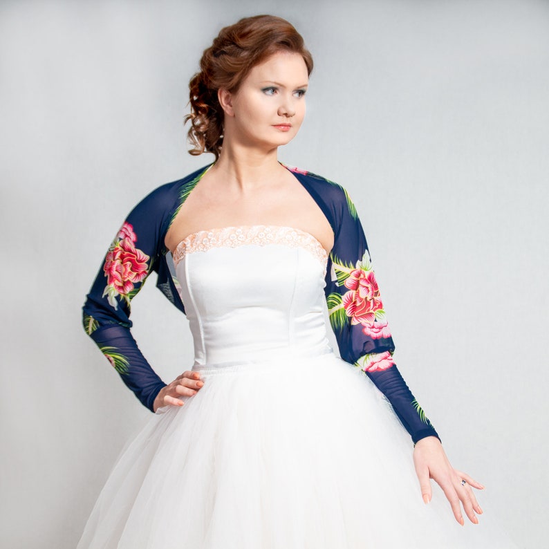 Navy blue shrug Peacock feathers and flowers print bridesmaids wedding bolero dark blue floral puff sleeves mesh floral jacket