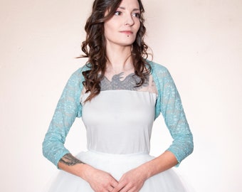 Pale Turquoise wedding shrug, blue lace bridesmaids longsleeve bolero, stretch delicate aqua shoulder cover up