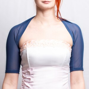 Deep blue bridesmaids bolero, mesh fabric wedding stretch shrug, bridal stretch coverup image 5