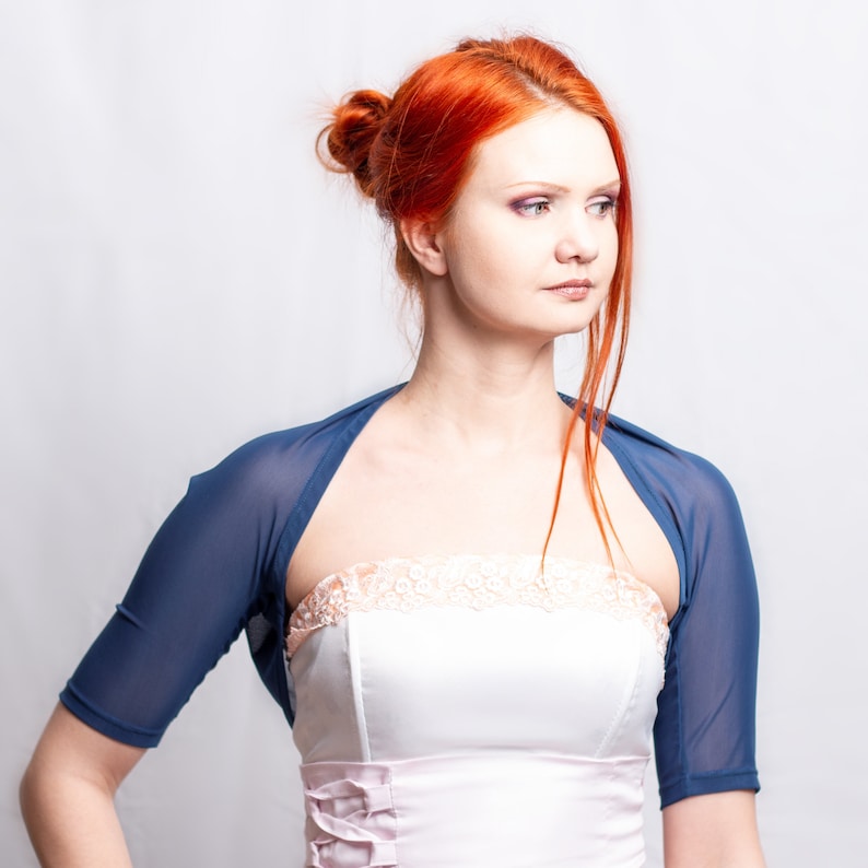 Deep blue bridesmaids bolero, mesh fabric wedding stretch shrug, bridal stretch coverup image 1