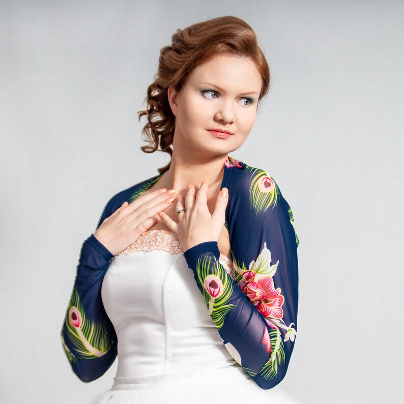 Navy blue shrug Peacock feathers and flowers print bridesmaids wedding bolero dark blue floral puff sleeves mesh floral jacket