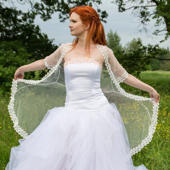 Wedding Cape Light Ivory Long Sheer Lace Bridal Short Sleeve Etsy