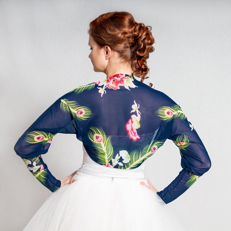 Navy blue shrug Peacock feathers and flowers print bridesmaids wedding bolero dark blue floral puff sleeves mesh floral jacket
