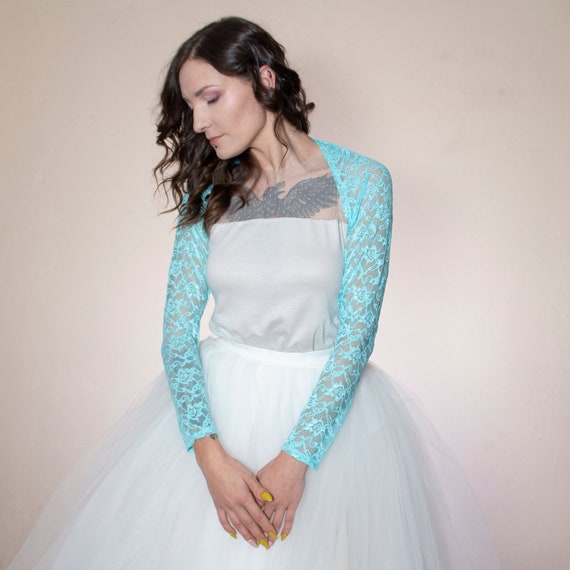 Aqua Blue Lace Bridal Bolero, Turquoise Sheer Wedding Shrug, Royal Blue Bridesmaids Shoulder Coverup, Delicate Lace Bolero