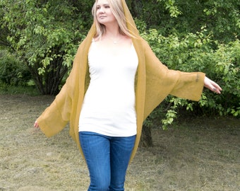 Natural linen cardigan, chunky loose knit Mustard hooded cocoon wrap, chunky linen summer coverup, kimono sleeve cocoon shrug