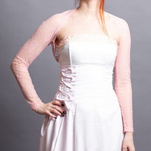 Pink lace wedding bolero, Salmon pink bridal shrug, lace coverup Bridesmaids lace bolero