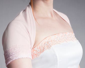 Light pink wedding bolero, Cotton jersey and lace detailing bridal shrug, bridesmaids short sleeve shoulder coverup