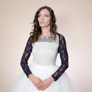 Dark navy Blue lace bridal bolero, navy sheer wedding shrug, navy blue Bridesmaids shoulder coverup, dark blue delicate lace bolero