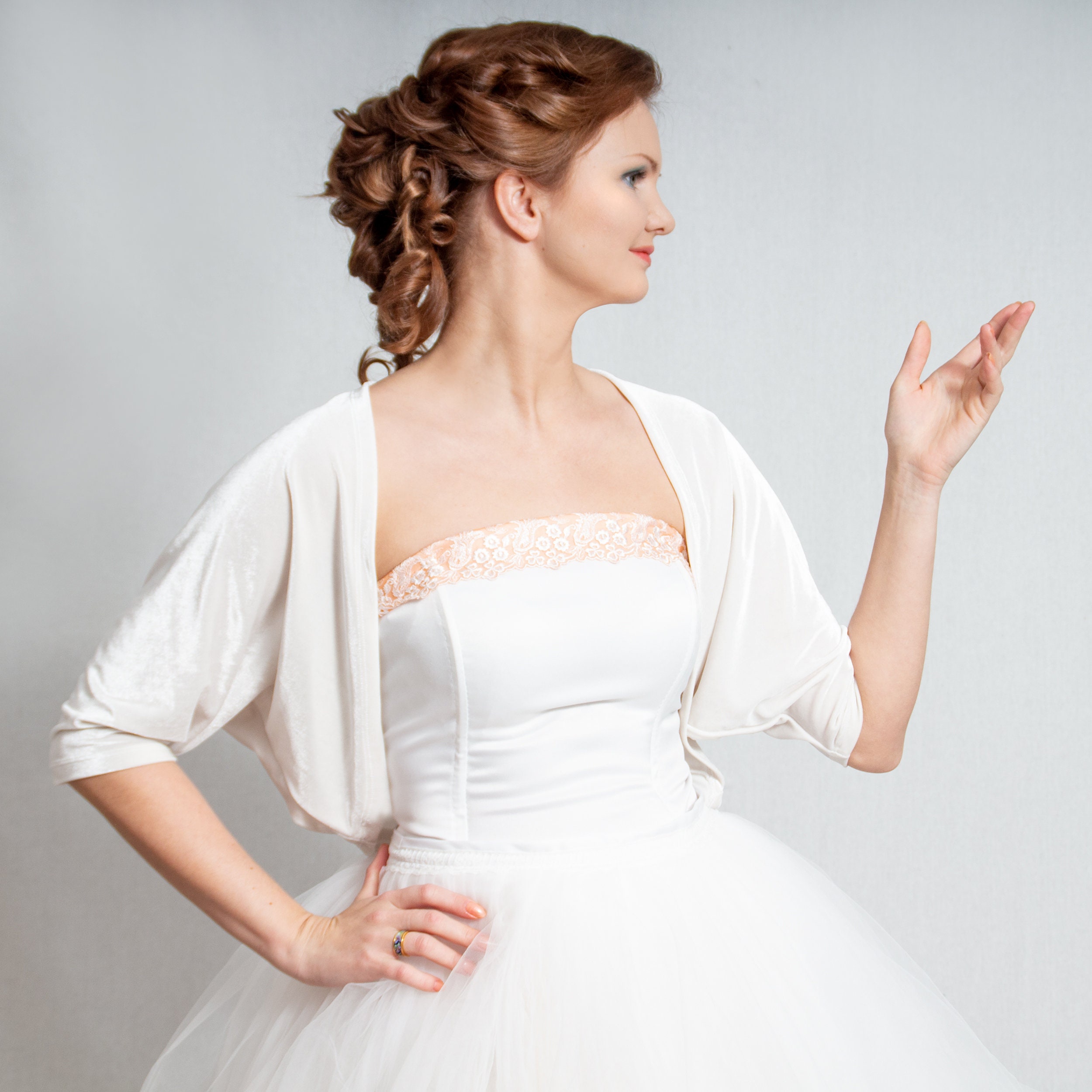 Velvet Wedding Bolero, White Loose Cut Sleeve Bridal Oversized - Main Image