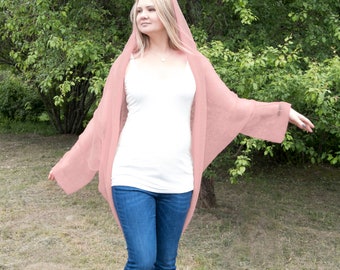 Natural linen cardigan, chunky loose knit Dusky pink hooded cocoon wrap, chunky linen summer coverup, sand pink kimono sleeve cocoon shrug