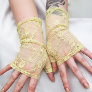 Yellow floral lace bridal gloves, delicate stretch fabric wedding bridesmaids short arm warmers