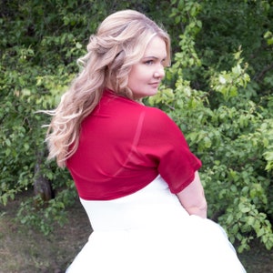 Red short sleeve loose wedding bolero, mesh stretch bridesmaids shrug, short sleeve coverup