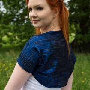 Metallic bridal blue short sleeve bolero, stretch fabric bridesmaids wedding shrug, festive cap sleeve coverup