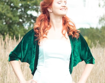 Bridal shawl, Velvet emerald green shrug, spring wedding oversized half sleeve shrug, cocoon jacket