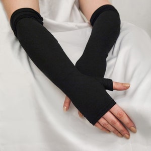 Black gloves, Black long formal arm warmers, Jersey stretch cotton gloves, gothic long gloves, black classic long gloves