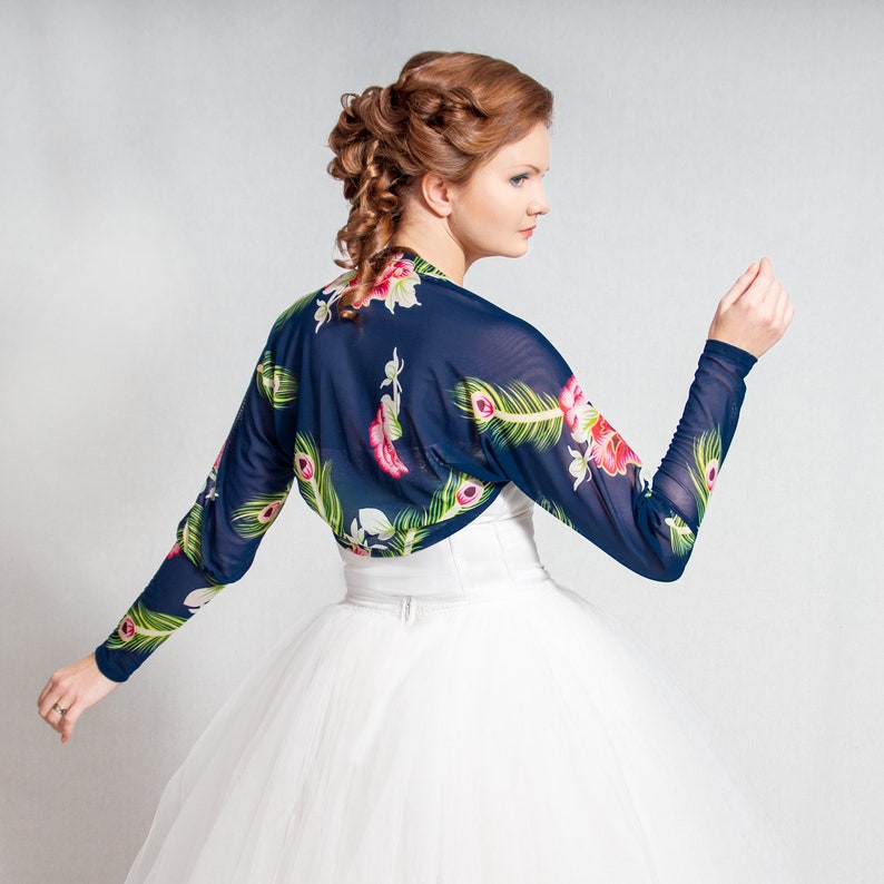 Navy blue shrug Peacock feathers and flowers print bridesmaids wedding bolero dark blue floral puff sleeves mesh floral jacket