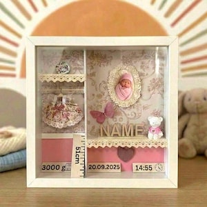 Può includere: Una cornice a vetrina bianca contenente un vestito a fiori, una foto di un neonato con berretto rosa, una farfalla, un orsacchiotto e la parola NAME. Un righello indica 51cm, con le scritte 3000g, 20.09.2025 e 14:55 nella parte inferiore.