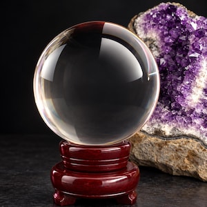 May include: A clear, spherical glass crystal ball resting on a polished, dark reddish-brown wooden stand, positioned next to a large, jagged piece of raw purple amethyst crystal with visible crystalline points.