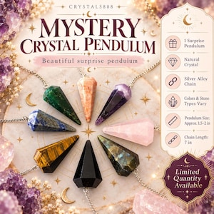 May include: A collection of seven faceted crystal pendulums on silver alloy chains, including green, orange, purple, blue, yellow-brown, black, and pink stones. Text reads Mystery Crystal Pendulum, 1.5-2 in size, and 7 in chain length.