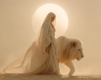 Arte de la Diosa del Desierto y el León Blanco / Retrato de Fantasía Etérea (Descarga Digital PNG)