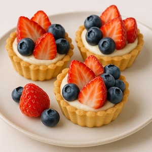 May include: A plate of mini fruit tarts. Each tart features a golden, flaky crust filled with a creamy white filling, topped with fresh strawberries and blueberries. The strawberries are sliced, and the blueberries are whole.