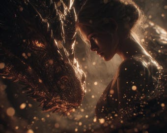 Arte fantástico de mujer y dragón / Imagen cinematográfica mística (Uso comercial)