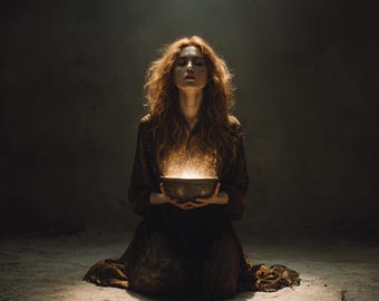 Retrato de mujer mística / Cuenco brillante, arte fantástico con IA (PNG digital)