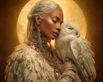 Mujer mística con búho blanco (Arte / Retrato celestial con IA) (PNG)