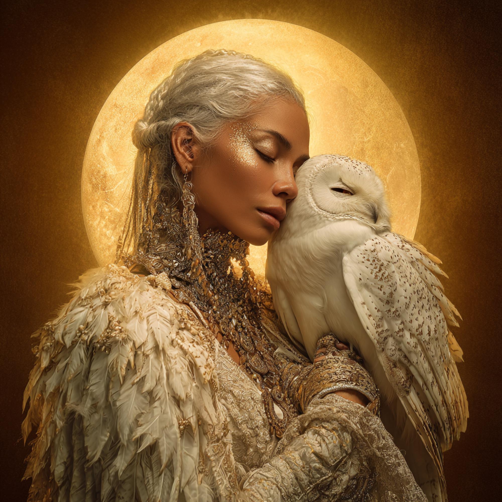 Mystic Woman with White Owl Art | Celestial AI Portrait (PNG)