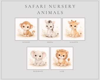 Set de acuarelas con animales de safari para guardería: león, elefante, jirafa, cebra y mono (descarga digital)