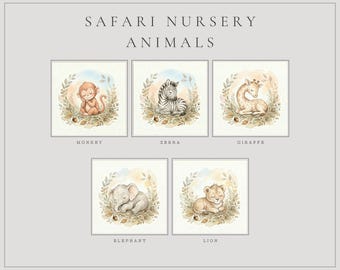 Set de acuarelas con animales de safari para guardería: león, elefante, jirafa, cebra y mono (descarga digital)