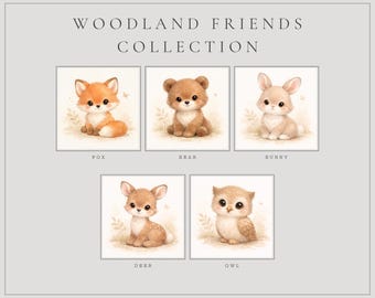 Conjunto de impresiones artísticas en acuarela de animales del bosque: zorro, oso, conejo, ciervo y búho (descarga digital)