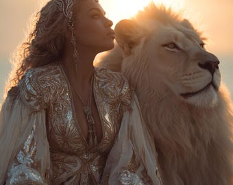 Diosa majestuosa con león blanco / Retrato de fantasía al atardecer (Descarga digital)