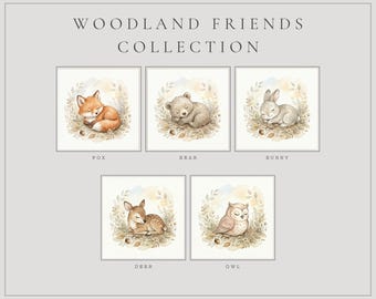 Conjunto de impresiones artísticas en acuarela de animales del bosque: zorro, oso, conejo, ciervo y búho (descarga digital)