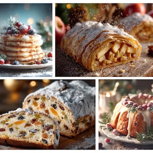 Puede incluir: Un collage de cuatro imágenes con postres festivos. Panqueques con bayas y jarabe, strudel de manzana, pastel de frutas espolvoreado con azúcar glas y un bizcocho bundt decorado con arándanos y glaseado.