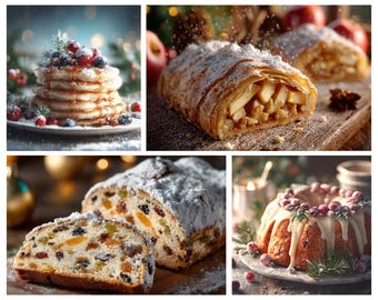 Fotografía de comida navideña: Stollen, panqueques y strudel navideños (descarga digital)