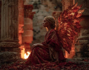 Arte de la Diosa Fénix / Alas Doradas Rojas, Renacimiento Fantástico (PNG digital)