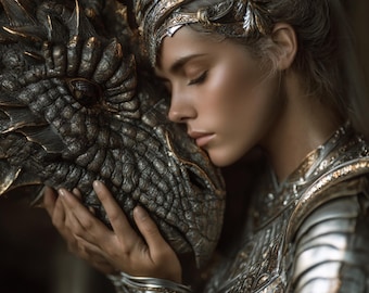 Guardiana del Dragón Plateado – Majestuosa mujer fantástica con armadura / Arte de IA épico / Compañero dragón mítico