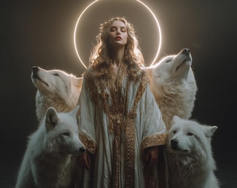Arte de la Diosa Lobo Divina / Diseño de Fantasía con IA (Descarga Digital)