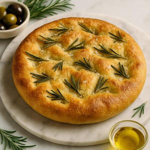 Può includere: Una focaccia rotonda e dorata, guarnita con rametti di rosmarino fresco e sale grosso, presentata su una superficie di marmo bianco. L'immagine include anche una piccola ciotola di olive e un piatto di olio d'oliva, suggerendo un tema culinario.