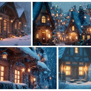 May include: Four images showing snow-covered cottages at night, with warm lights in the windows and lanterns outside. The scene creates a cosy winter atmosphere, reminiscent of a festive holiday setting.